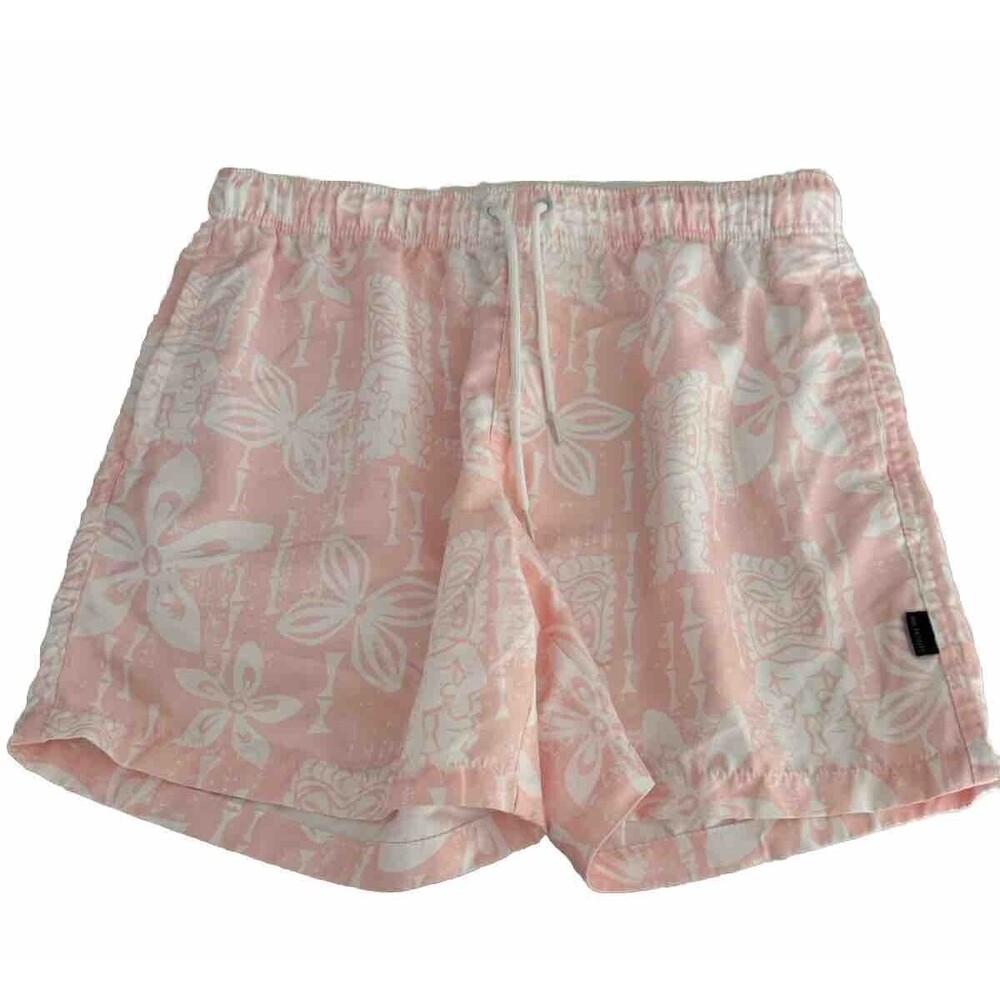Ring of Fire Beach Shorts Men's no liner Pink white with Tiki & Pockets Size L
